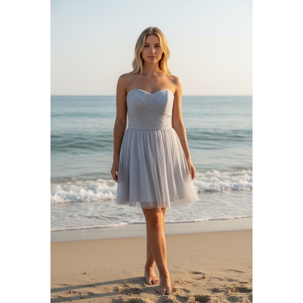 David's Bridal Short Strapless Tulle Dress Mystic Gray‎ Bridesmaid Formal Size 4